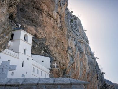 View of the Ostrog Ortodox Monastery built into the cliff in Montenegro.