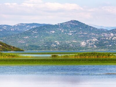 Panoramic view of Lake Skadar surrounded by green mountains